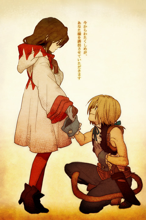 1boy 1girl breasts brown_eyes brown_hair commentary_request dress final_fantasy final_fantasy_ix garnet_til_alexandros_xvii gloves hand_holding long_hair pantyhose sg2119 tail white_mage zidane_tribal