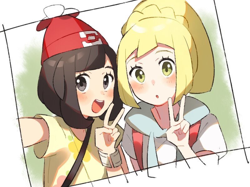 2girls beanie blonde_hair green_eyes hat lillie_(pokemon) long_hair mizuki_(pokemon_sm) multiple_girls open_mouth photo_(object) pokemon pokemon_(game) pokemon_sm ponytail red_hat shirt short_sleeves unapoppo v white_shirt z-ring