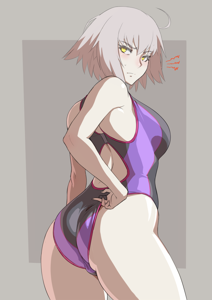 1girl adjusting_clothes adjusting_swimsuit ahoge annoyed arched_back ass bare_shoulders black_swimsuit blush breasts closed_mouth commentary_request competition_swimsuit cowboy_shot eyebrows_visible_through_hair fate/grand_order fate_(series) from_behind frown grey_background hips jeanne_d'arc_(alter)_(fate) jeanne_d'arc_(fate)_(all) looking_at_viewer looking_back medium_breasts mikoyan one-piece_swimsuit purple_swimsuit shiny shiny_clothes shiny_skin short_hair silver_hair simple_background solo standing swimsuit thighs yellow_eyes
