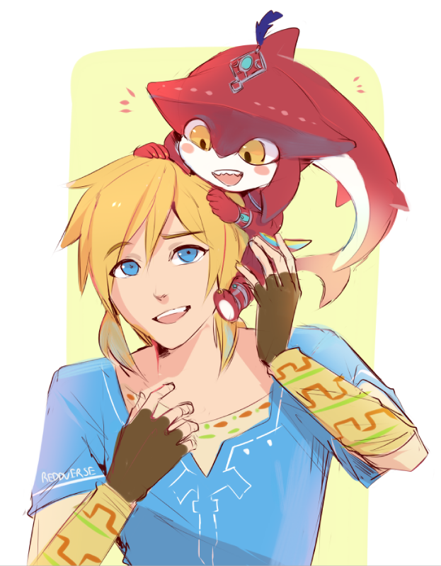 2boys :d artist_name blonde_hair blue_eyes blush_stickers fingerless_gloves fishman gloves jewelry link looking_at_another male_focus monster_boy multiple_boys open_mouth reddverse sharp_teeth sidelocks sidon smile teeth the_legend_of_zelda the_legend_of_zelda:_breath_of_the_wild yellow_eyes younger zora