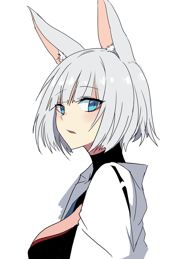 animal_ears azur_lane black_choker blue_eyes bob_cut breasts choker eyebrows_visible_through_hair eyes_visible_through_hair fox_ears from_side japanese_clothes kaga_(azur_lane) large_breasts looking_at_viewer nontraditional_miko open_clothes open_mouth short_hair simple_background tsurime ururu white_background white_hair