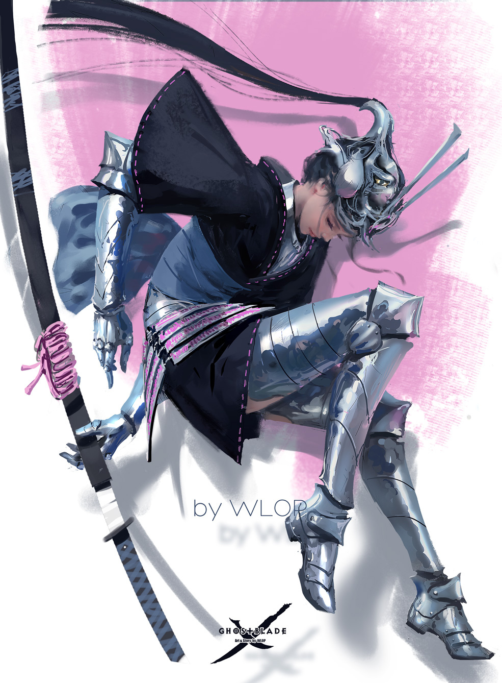 1girl armor artist_name bent_knees black_hair commentary highres knees_up long_hair looking_down multicolored multicolored_background multicolored_clothes original shadow silver_footwear solo sword weapon wlop