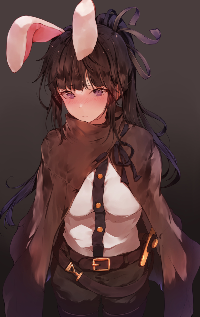 1girl animal_ears arms_at_sides bangs belt belt_buckle black_pants black_ribbon blue_eyes blush breasts brown_cape buckle buttons closed_mouth commentary_request cowboy_shot eyebrows_visible_through_hair fake_animal_ears grey_background hair_ribbon high_ponytail highres hplay long_hair medium_breasts narberal_gamma nose_blush overlord_(maruyama) pants ponytail rabbit_ears ribbon ribbon-trimmed_cape sheath sheathed shirt simple_background solo standing sword weapon white_shirt