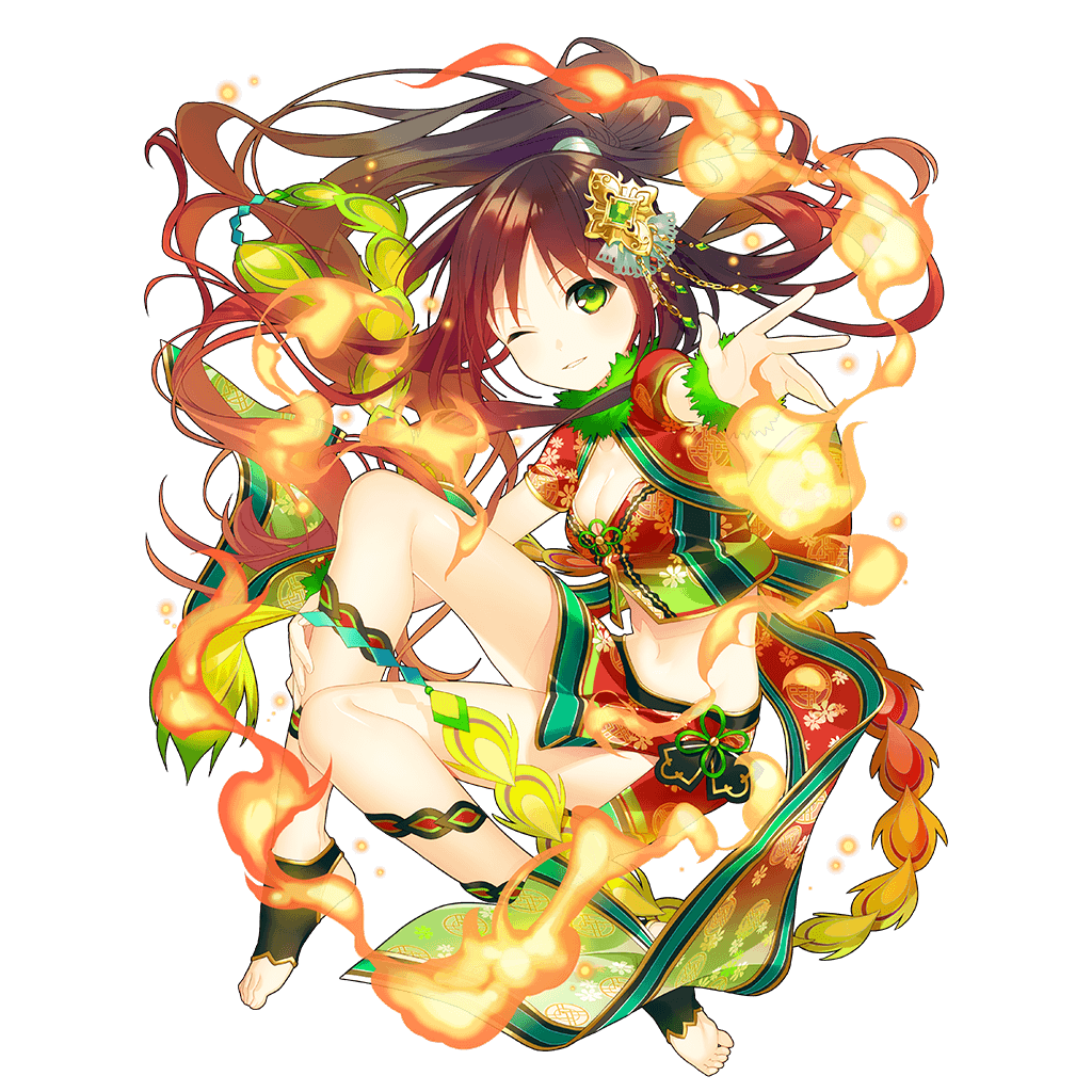 1girl breasts chinese_clothes cleavage floating_hair full_body green_eyes hair_ornament hand_on_leg long_hair looking_at_viewer medium_breasts midriff navel official_art one_eye_closed open_toe_shoes outstretched_arm outstretched_hand parted_lips ponytail redhead side_slit skirt smile solo suzaku_(uchi_no_hime-sama) transparent_background uchi_no_hime-sama_ga_ichiban_kawaii wrist_cuffs