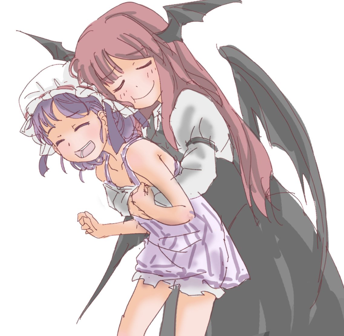 2 black_skirt black_wings bloomers camisole digital_(digital001) hat head_wings hug hug_from_behind juliet_sleeves koakuma long_sleeves open_mouth patchouli_knowledge puffy_sleeves purple_hair redhead simple_background sketch skirt smile touhou underwear vest white_background white_hat wings