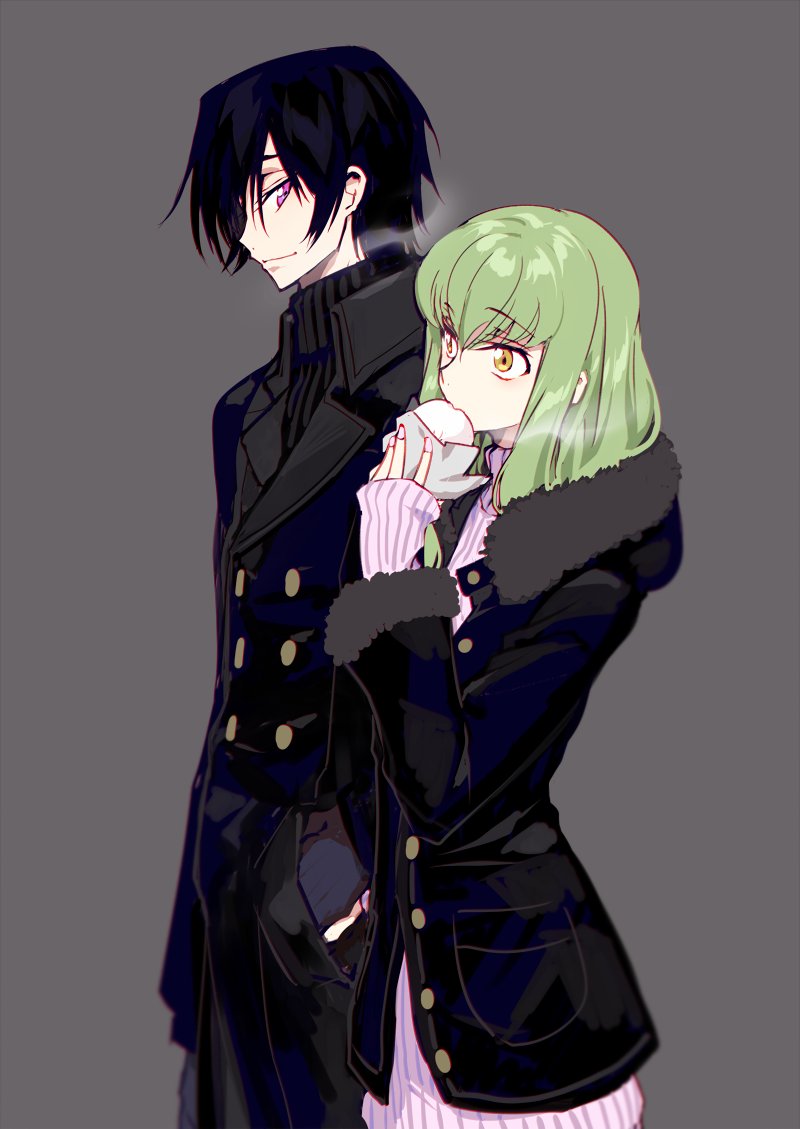 1boy 1girl baozi black_hair black_jacket breath c.c. code_geass commentary_request couple creayus eating enpera fingernails food from_side fur_trim gloves green_hair grey_background grey_gloves hand_holding hand_in_another's_pocket holding holding_food hood hood_down jacket lelouch_lamperouge long_hair long_sleeves looking_at_another nail_polish pink_nails pink_sweater scarf simple_background smile standing sweater violet_eyes yellow_eyes