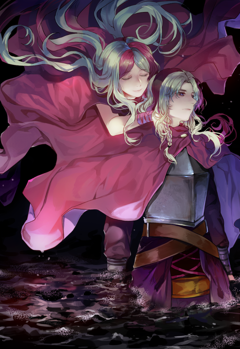 1boy 1girl artemisia blue_eyes braid brother_and_sister cape closed_eyes eleuseus gijang hands_on_another's_shoulders long_hair moira multicolored_hair siblings side_braid smile sound_horizon twins white_hair