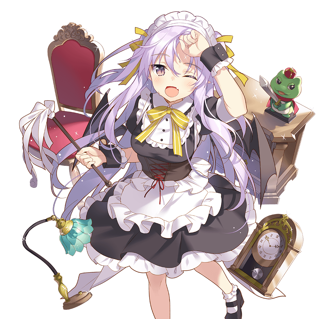 1girl arm_up bat_wings black_wings blush chair clock dress duster fang holding lamp lavender_hair long_hair looking_at_viewer maid_headdress mary_janes miss_barbara official_art one_eye_closed open_mouth pointy_ears puffy_sleeves shoes short_sleeves solo transparent_background uchi_no_hime-sama_ga_ichiban_kawaii violet_eyes wings wrist_cuffs
