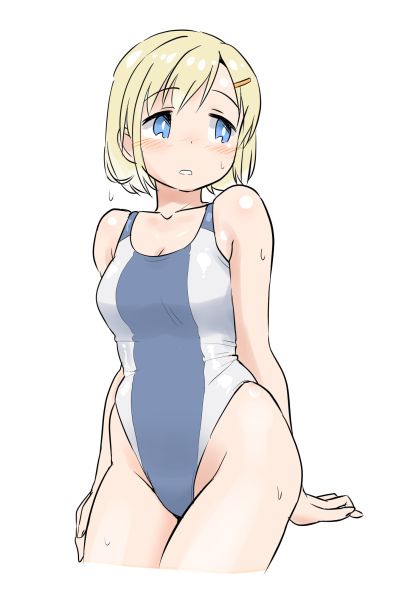 1girl blonde_hair blue_eyes competition_swimsuit cowboy_shot hair_ornament hairclip highleg highleg_swimsuit one-piece_swimsuit original purple_swimsuit short_hair simple_background sitting solo swimsuit tamu_(mad_works) wet white_background