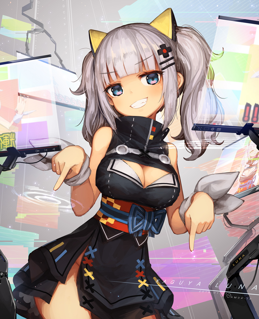 1girl bangs bare_arms blue_eyes blunt_bangs breasts character_name cleavage cleavage_cutout contrapposto cowboy_shot dated dress english eyebrows_visible_through_hair grey_hair grin groin hair_ornament hairclip head_tilt jakoujika kaguya_luna kaguya_luna_(character) long_hair looking_at_viewer medium_breasts no_panties obi pointing pointing_down sash screen sleeveless sleeveless_dress smile solo standing twintails wristband