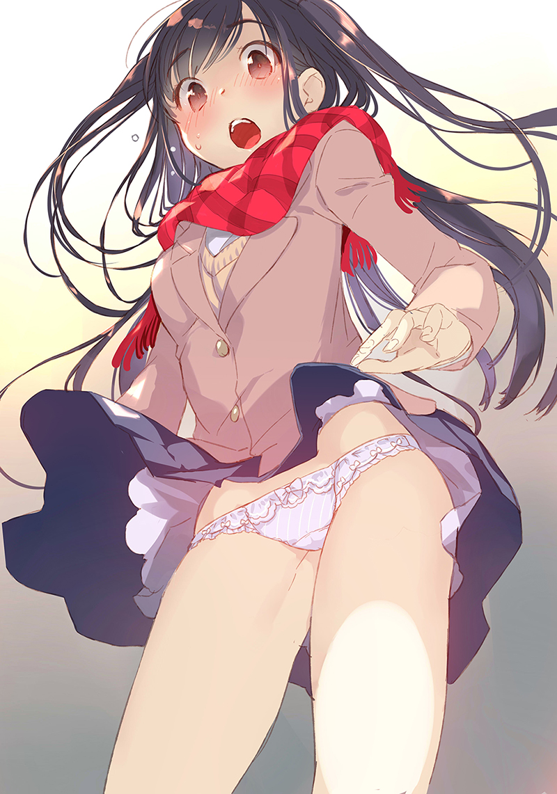 1girl black_eyes black_hair blazer blush bow bow_panties buttons cardigan gin_(oyoyo) jacket lace lace-trimmed_panties long_hair long_sleeves looking_at_viewer miniskirt multicolored multicolored_eyes open_mouth original panties red_eyes red_scarf scarf school_uniform skirt skirt_lift solo sweat underwear white_panties wind wind_lift