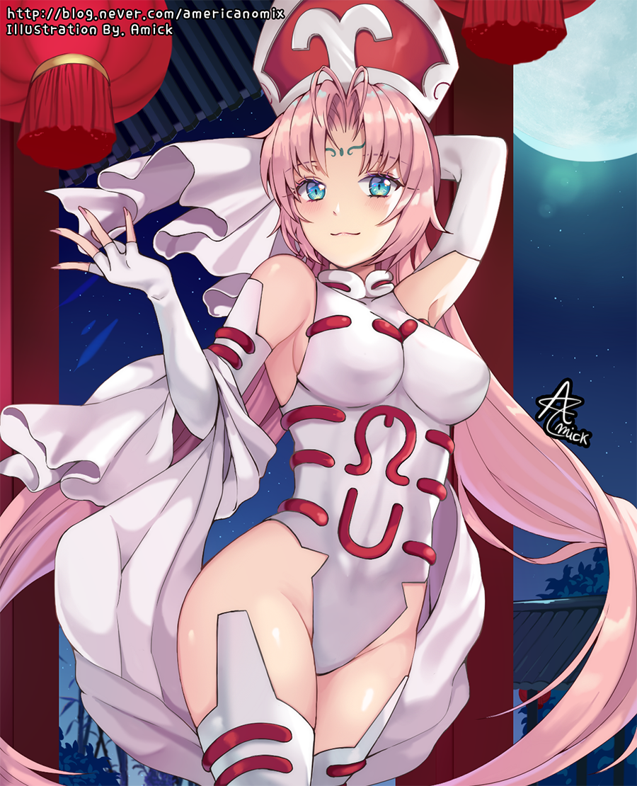 1girl amick_(americanomix) blue_eyes blush breasts cowboy_shot elbow_gloves facial_mark fingerless_gloves gloves hat highleg houshin_engi large_breasts leotard long_hair pink_hair smile so_dakki solo thigh-highs very_long_hair white_legwear