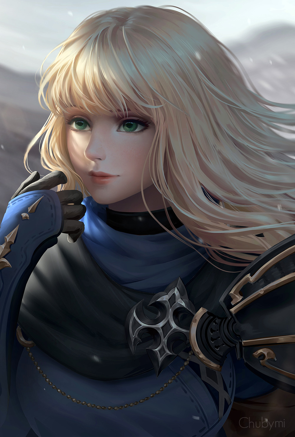 1girl artist_name bangs black_gloves blush character_request chuby_mi closed_mouth eyelashes final_fantasy final_fantasy_xiv gloves green_eyes highres lips long_hair looking_afar red_lips solo watermark