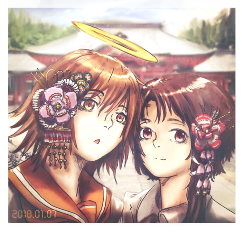 2girls angel_wings brown brown_eyes brown_hair commentary_request creator_connection dated flower gorilla(1844~) haibane_renmei hair_flower hair_ornament hairclip halo iwakura_lain kanzashi messy_hair multiple_girls new_year orange_(color) orange_sailor_collar rakka sailor_collar serial_experiments_lain temple wings