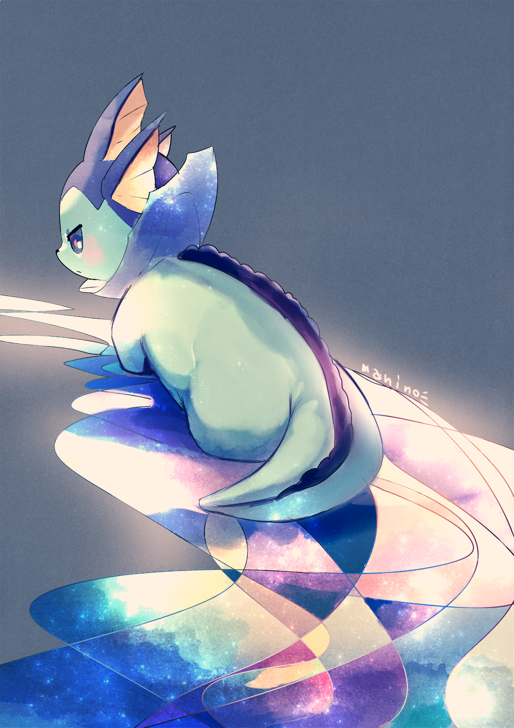 blue_background blue_eyes blush commentary_request fins from_behind full_body highres manino_(mofuritaionaka) no_humans pokemon pokemon_(creature) reflection signature simple_background solo vaporeon wading