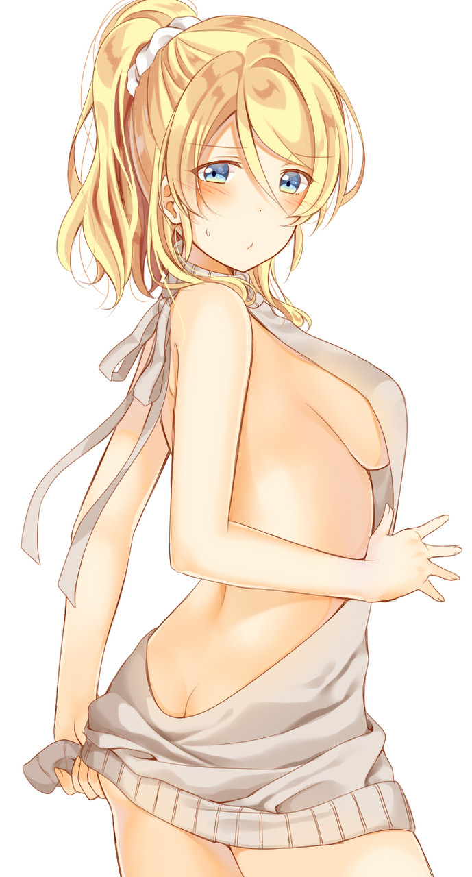 1girl ayase_eli backless_outfit bare_back blonde_hair blue_eyes blush breasts butt_crack drawstring dress grey_sweater hair_between_eyes halterneck highres looking_back love_live! love_live!_school_idol_project meme_attire mogu_(au1127) naked_sweater ponytail scrunchie sideboob simple_background skirt_hold solo sweatdrop sweater sweater_dress turtleneck turtleneck_sweater virgin_killer_sweater white_background white_scrunchie