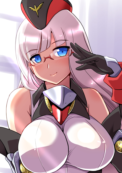 1girl azur_lane bangs bare_shoulders black_gloves black_hat blue_eyes blunt_bangs blush breasts closed_mouth elbow_gloves eyebrows eyebrows_visible_through_hair facing_viewer garrison_cap gloves gneisenau_(azur_lane) hat impossible_clothes impossible_shirt large_breasts long_hair looking_at_viewer multicolored multicolored_clothes multicolored_hat oborogumo_takamitsu pink_hair red-framed_eyewear red_hat semi-rimless_eyewear shirt sleeveless sleeveless_shirt smile solo straight_hair sunlight upper_body white_shirt window