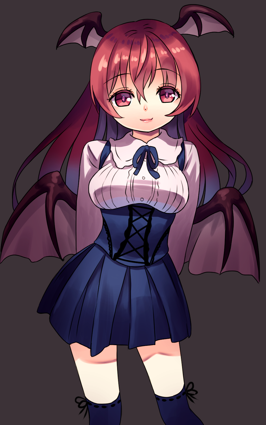 1girl arms_behind_back bat_wings blouse breasts colored_eyelashes corset cowboy_shot douji eyebrows_visible_through_hair eyelashes gradient_hair grey_background hair_between_eyes head_tilt head_wings highres koakuma lips long_hair looking_at_viewer low_wings medium_breasts multicolored_hair red_eyes redhead simple_background skirt skirt_set smile solo standing thigh-highs touhou underbust wings zettai_ryouiki