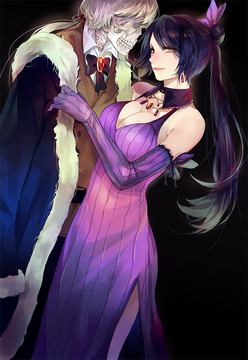 1girl bare_shoulders black_hair breasts cleavage commentary dress earrings elbow_gloves gijang gloves hair_ornament hiver_laurant jewelry large_breasts long_hair looking_at_viewer michele_malebranche necklace nein_(album) orange_eyes ponytail purple_dress purple_gloves roman skeleton smile sound_horizon white_hair