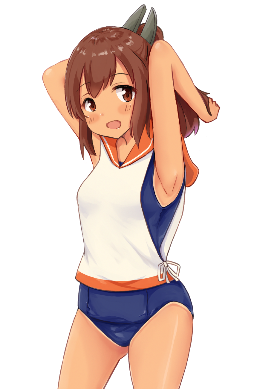 1girl arms_up brown_eyes brown_hair cowboy_shot hair_ornament hairclip highres i-401_(kantai_collection) kaede_shiroppu kantai_collection looking_at_viewer lying one-piece_tan open_mouth orange_sailor_collar ponytail sailor_collar sailor_shirt shirt simple_background solo tan tanline white_background