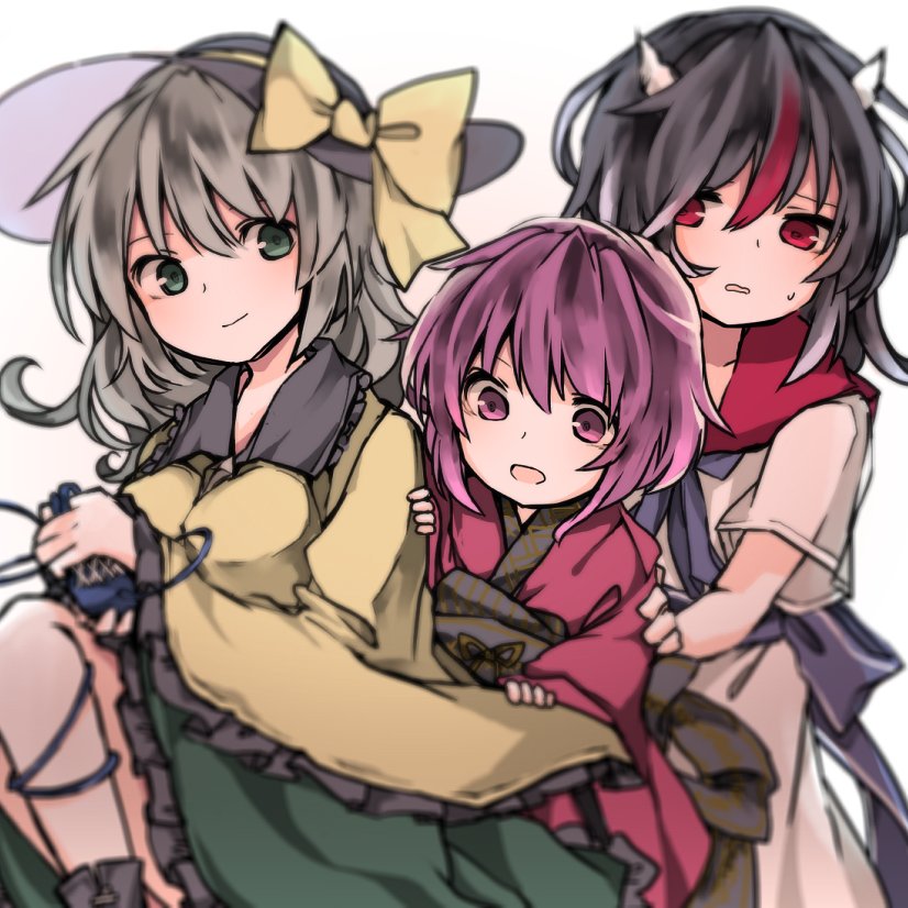 3girls black_hair green_eyes green_hair grey_hair hat headwear_removed horns japanese_clothes kijin_seija kimono komeiji_koishi long_hair multicolored_hair multiple_girls open_mouth purple_hair red_eyes sailor_collar sato_imo short_hair skirt smile sukuna_shinmyoumaru sweatdrop third_eye touhou violet_eyes wide_sleeves