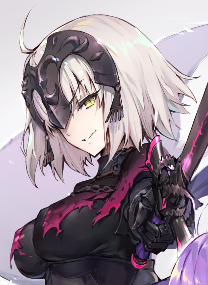 1girl ahoge armor breasts cape eyebrows_visible_through_hair fate/grand_order fate_(series) gauntlets gorget grin haoni headpiece holding holding_sword holding_weapon impossible_clothes jeanne_d'arc_(alter)_(fate) jeanne_d'arc_(fate)_(all) large_breasts looking_at_viewer short_hair silver_hair smile solo sword torn_cape underbust weapon yellow_eyes