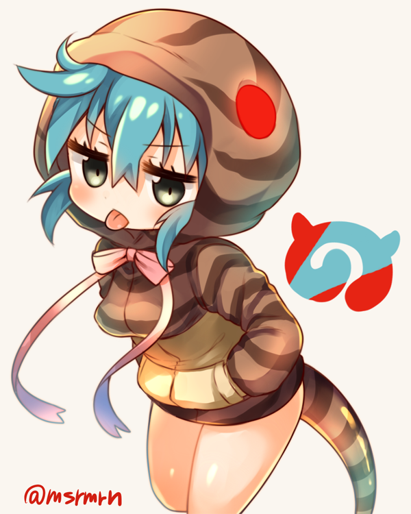 1girl animal_hood animal_print bangs blue_hair blush bow bowtie breasts brown_background brown_hoodie commentary_request eyebrows_visible_through_hair green_eyes hair_between_eyes hands_in_pockets hood hood_up hoodie japari_symbol jitome kemono_friends long_hair long_sleeves marshmallow_mille medium_breasts pink_ribbon ribbon simple_background snake_tail striped_hoodie striped_tail tail tongue tongue_out tsuchinoko_(kemono_friends) twitter_username