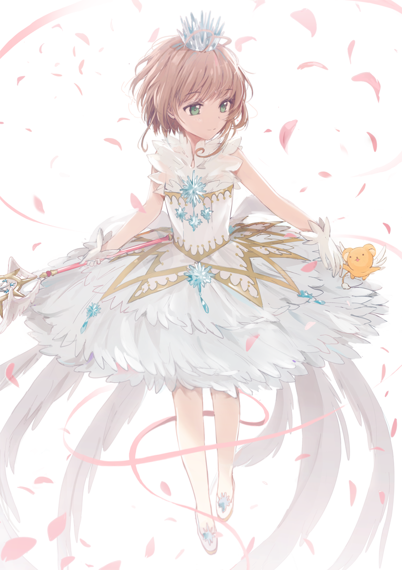 1girl bangs brown_hair card_captor_sakura closed_mouth commentary crown dangmill dress eyebrows_visible_through_hair feathered_wings full_body gloves green_eyes holding holding_wand kero kinomoto_sakura light_smile looking_at_another looking_to_the_side magical_girl mini_crown petals shoes short_hair skirt sleeveless sleeveless_dress wand white_background white_dress white_footwear white_gloves white_wings wings yume_no_tsue