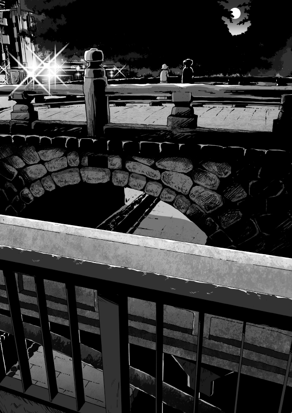 facing_away greyscale hat monochrome moon night nihakusanren original railing scenery standing