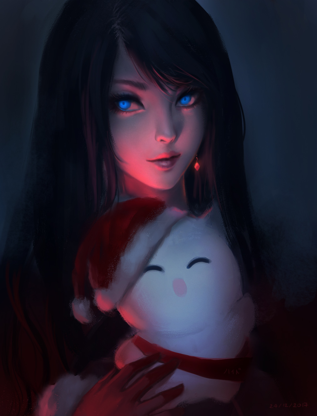 1girl black_hair character_request commentary dark dark_room dated eyelashes final_fantasy final_fantasy_xiv fur-trimmed_hat glowing glowing_eyes hat highres long_hair looking_at_viewer nguyen_uy_vu nose red_hat santa_hat solo