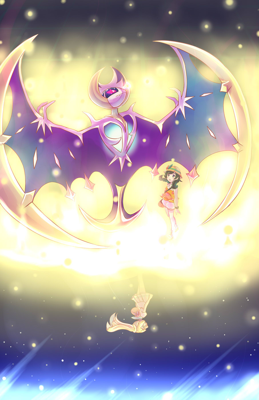 2girls backpack bag black_hair blonde_hair bracelet hat hat_feather highres jewelry konna-nani lillie_(pokemon) long_hair lunala mizuki_(pokemon_ultra_sm) multiple_girls orange_shirt pokemon pokemon_(creature) pokemon_(game) pokemon_ultra_sm ponytail shirt shorts skirt sky standing star_(sky) starry_sky sun_hat upside-down white_shorts white_skirt