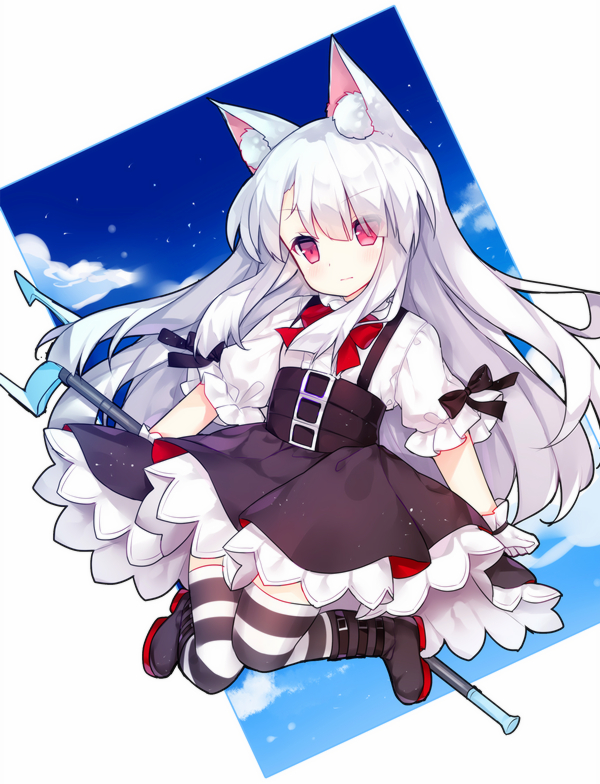 1girl animal_ears azur_lane bangs black_bow black_footwear black_skirt blue_sky boots bow bowtie cat_ears clouds erebus_(azur_lane) eyebrows_visible_through_hair eyes_visible_through_hair gloves hair_between_eyes high-waist_skirt holding long_hair puffy_short_sleeves puffy_sleeves red_eyes red_neckwear shirt short_sleeves silver_hair skirt sky solo striped striped_legwear suspender_skirt suspenders tengxiang_lingnai thigh-highs very_long_hair white_gloves white_shirt