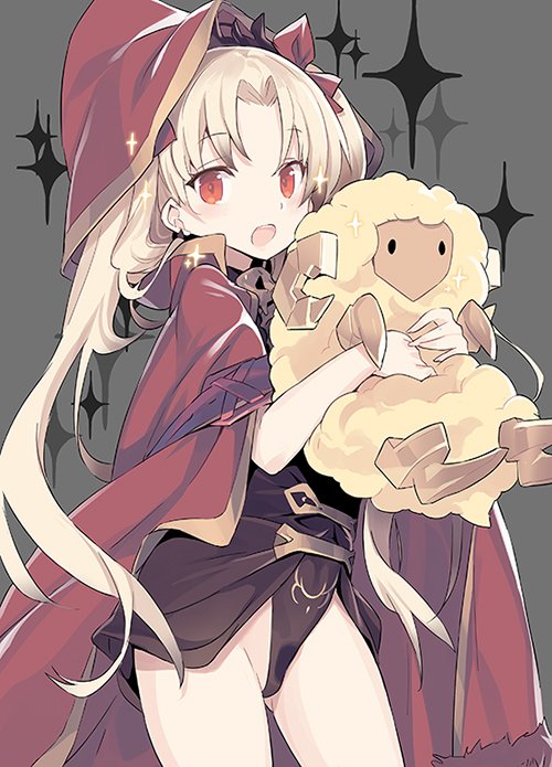 1girl :d animal bangs black_dress blade_(galaxist) blonde_hair blush cape commentary_request cowboy_shot dress earrings ereshkigal_(fate/grand_order) fate/grand_order fate_(series) grey_background hair_ribbon hood_up hooded_cape jewelry long_hair looking_at_viewer open_mouth parted_bangs red_cape red_eyes red_ribbon ribbon sheep simple_background skull smile solo sparkle tiara twintails very_long_hair