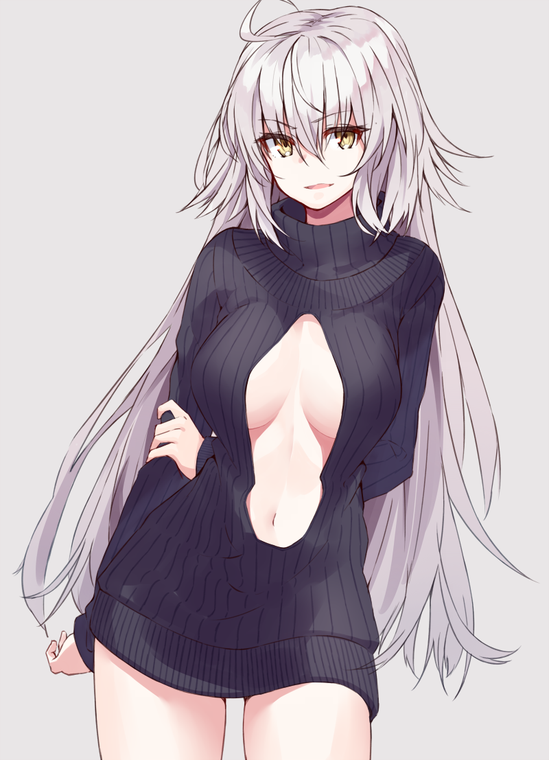 1girl ahoge arms_behind_back bangs black_sweater breasts center_opening eyebrows_visible_through_hair fate/grand_order fate_(series) grey_background hair_between_eyes jeanne_d'arc_(alter)_(fate) jeanne_d'arc_(fate)_(all) large_breasts long_hair navel open_mouth ribbed_sweater shunichi silver_hair simple_background smile solo sweater thighs turtleneck turtleneck_sweater very_long_hair yellow_eyes
