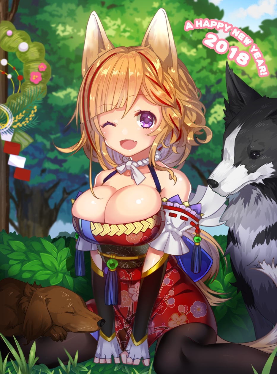 09x 1girl 2018 ;d animal_ears bad_hands bare_shoulders black_legwear blue_sky breasts brown_hair bush cleavage dog dog_ears dog_tail english fang floral_print happy_new_year highres large_breasts nengajou new_year one_eye_closed open_mouth original outdoors pantyhose sitting sky sleeping smile tail tree violet_eyes wariza wreath