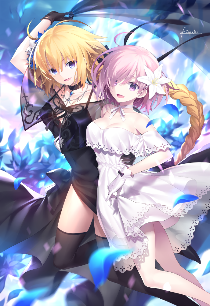 2girls ahoge arm_up artist_name bangs bare_shoulders black_choker black_dress black_gloves black_legwear blonde_hair blue_eyes braid breasts choker cleavage collarbone commentary_request dress fate/apocrypha fate/grand_order fate_(series) flower gloves hair_flower hair_ornament hair_over_one_eye hand_on_another's_hip jeanne_d'arc_(fate) jeanne_d'arc_(fate)_(all) jewelry kousaki_rui large_breasts lavender_hair legs long_braid long_hair looking_at_viewer mash_kyrielight multiple_girls necklace open_mouth pendant petals short_hair signature single_braid smile thighs very_long_hair violet_eyes white_choker white_dress white_gloves wind wind_lift