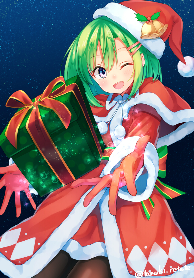 1girl ;d bangs bell black_legwear blue_eyes blush box capelet christmas cowboy_shot eyebrows_visible_through_hair gift gift_box gloves green_hair hair_ornament hairclip hat long_hair long_sleeves looking_at_viewer night night_sky one_eye_closed open_mouth original outstretched_arms pantyhose pom_pom_(clothes) red_gloves santa_costume santa_hat shiroi_tanuki sky smile solo sparkle teeth twitter_username