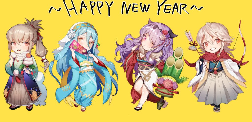 2018 2boys 2girls aqua_(fire_emblem_if) bamboo bow_(weapon) camilla_(fire_emblem_if) cape chibi fire_emblem fire_emblem_heroes fire_emblem_if food hairband japanese_clothes kimono long_hair looking_at_viewer male_my_unit_(fire_emblem_if) mamkute mochi multiple_boys multiple_girls my_unit_(fire_emblem_if) new_year obi pointy_ears ponytail sash simple_background smile takumi_(fire_emblem_if) wagashi weapon white_background white_hair zuizi