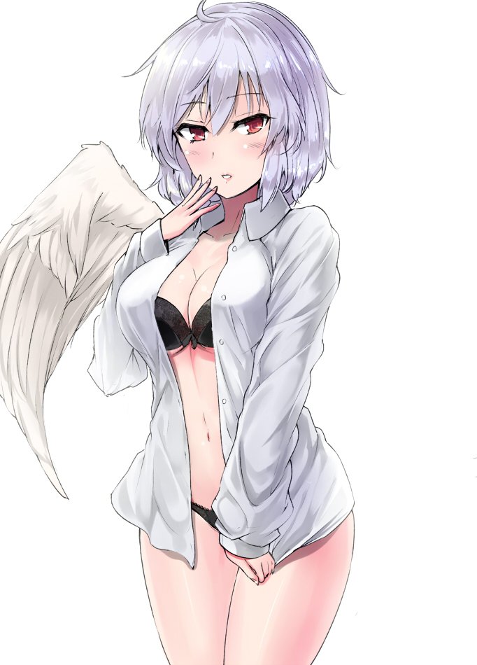 1girl bangs black_bra black_panties blush bra breasts buttons cleavage collared_shirt cowboy_shot eyebrows_visible_through_hair feathered_wings hair_between_eyes hand_up kishin_sagume long_sleeves looking_at_viewer medium_breasts navel no_pants open_clothes open_shirt panties parted_lips purple_hair red_eyes shirt shirt_tug short_hair simple_background single_wing solo touhou unbuttoned underwear white_background white_shirt white_wings wings y2