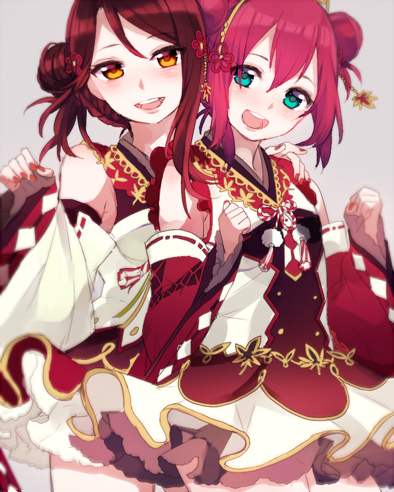 2girls :d alternate_hairstyle aqua_eyes armpit_peek braid clenched_hands cowboy_shot detached_sleeves double_bun flower grey_background hair_between_eyes hair_flower hair_ornament hand_on_another's_shoulder kurosawa_ruby long_hair looking_at_viewer love_live! love_live!_sunshine!! mashiro_(rikuya) multiple_girls open_mouth orange_eyes red_eyes redhead ribbon-trimmed_sleeves ribbon_trim sakurauchi_riko side_bun smile tassel wide_sleeves