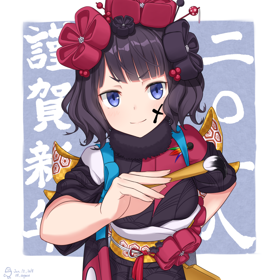 08_sagace 1girl black_hair blue_eyes calligraphy_brush face_painting fate/grand_order fate_(series) flower hair_flower hair_ornament hairpin hanetsuki ink japanese_clothes katsushika_hokusai_(fate/grand_order) kimono looking_at_viewer nengajou new_year obi paint_on_face paintbrush sash short_hair solo