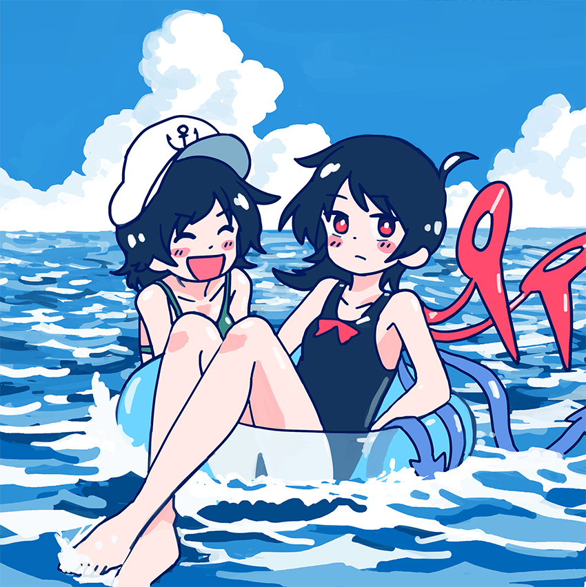 2girls anchor_print anchor_symbol asymmetrical_wings bikini black_hair black_swimsuit blue_wings blush bra green_bikini hat houjuu_nue innertube multiple_girls murasa_minamitsu open_mouth red_eyes red_wings sailor_hat short_hair smile swimsuit touhou transparent underwear wings you_taira