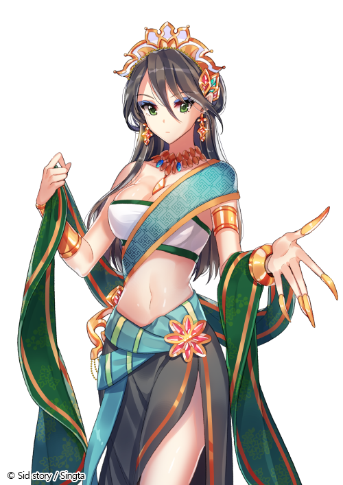 1girl bare_shoulders breasts brown_hair copyright_name crown earrings fingernails goddess green_eyes interitio jewelry long_fingernails looking_at_viewer medium_breasts necklace sid_story solo