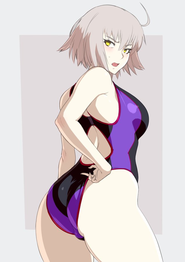 1girl adjusting_clothes adjusting_swimsuit ass back bare_arms bare_shoulders bare_thighs black_swimsuit blush competition_swimsuit cowboy_shot curvy embarrassed fate/grand_order fate_(series) female from_behind grey_background hips jeanne_d'arc_(alter)_(fate) jeanne_d'arc_(fate)_(all) looking_at_viewer looking_back mikoyan one-piece_swimsuit open_mouth short_hair sideboob silver_hair simple_background solo standing swimsuit thighs tongue yellow_eyes