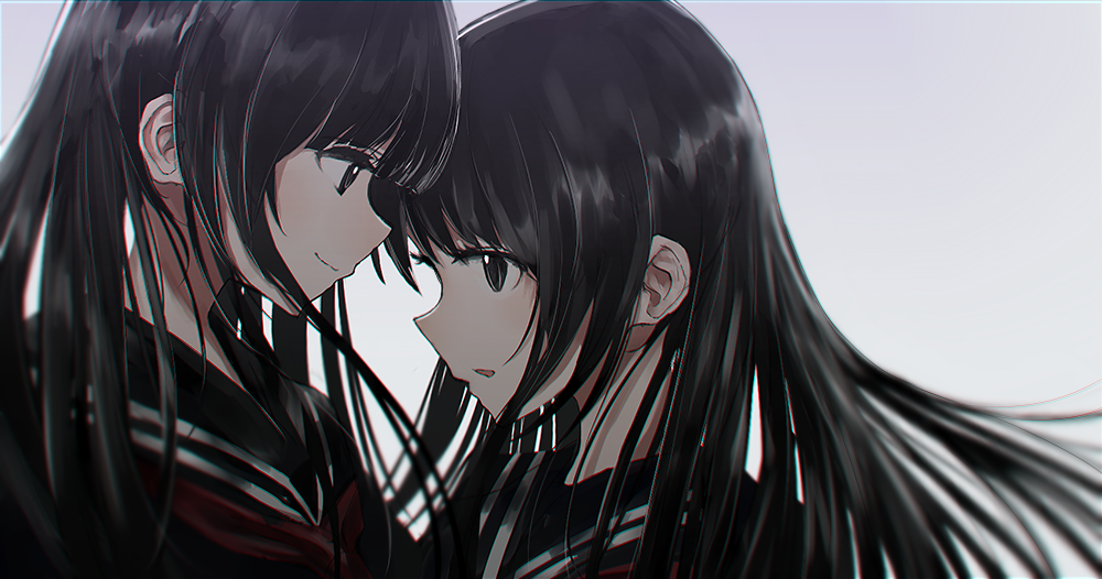 2girls black_eyes black_hair black_sailor_collar black_serafuku closed_mouth eye_contact from_behind grey_background long_hair looking_at_another multiple_girls neckerchief parted_lips red_neckwear sailor_collar school_uniform serafuku sideways_mouth simple_background smile swav