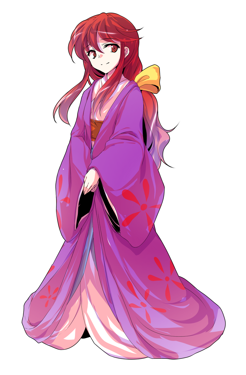 1girl alphes_(style) bangs bow closed_mouth coat dairi facing_away floral_print full_body hair_between_eyes hair_bow hands_together highres japanese_clothes kimono kotohime long_hair long_sleeves looking_away looking_to_the_side low-tied_long_hair obi open_clothes open_coat parody purple_coat red_eyes redhead sash simple_background smile solo standing style_parody touhou touhou_(pc-98) transparent_background v_arms white_kimono wide_sleeves yellow_bow