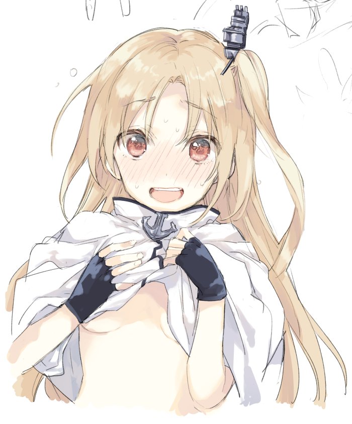 1girl anchor azur_lane bangs black_gloves blonde_hair blush breasts brown_eyes capelet cleveland_(azur_lane) embarrassed eyebrows_visible_through_hair fingerless_gloves full-face_blush gloves hair_ornament long_hair looking_at_viewer nakayama_miyuki nervous_smile no_bra nose_blush one_side_up open_mouth parted_bangs small_breasts solo sweat teeth under_boob upper_body