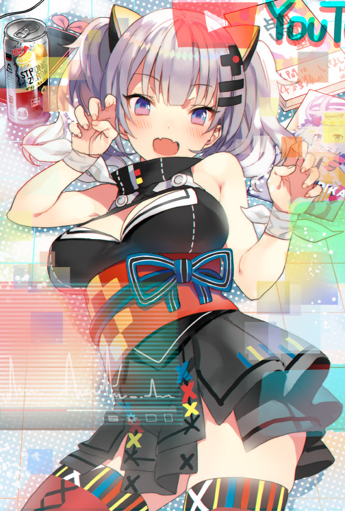 1girl :d a.i._channel bangs bare_arms blue_eyes blush breasts can cellphone claw_pose cleavage cleavage_cutout contrapposto cowboy_shot dress eyebrows_visible_through_hair fangs fingernails grey_hair hair_ornament hairclip ikeya kaguya_luna kaguya_luna_(character) kizuna_ai looking_at_viewer magazine medium_breasts obi open_mouth phone product_placement sash short_hair sleeveless sleeveless_dress smartphone smile solo strong_zero thigh-highs twintails wristband youtube