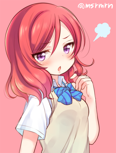 1girl bangs blue_neckwear blush bow bowtie chestnut_mouth collared_shirt diagonal_stripes eyebrows_visible_through_hair hair_between_eyes hair_twirling hand_up long_hair looking_at_viewer love_live! love_live!_school_idol_project marshmallow_mille nishikino_maki parted_lips pink_background redhead shirt simple_background solo sweater_vest twitter_username violet_eyes white_shirt