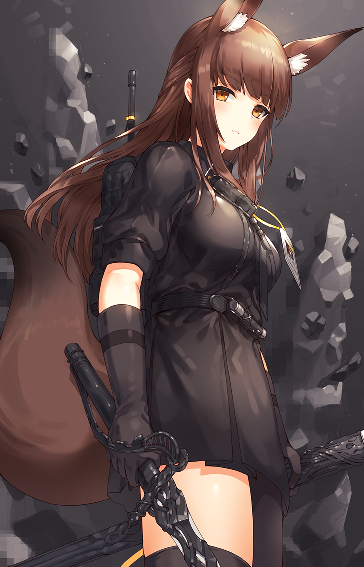 1girl animal_ears arknights backpack bag bangs black_dress black_gloves black_legwear blunt_bangs blush brown_hair closed_mouth commentary_request cowboy_shot dress eyebrows_visible_through_hair fox_ears fox_tail from_side gloves holding holding_sword holding_weapon kfr looking_at_viewer name_tag pantyhose scabbard sheath single_thighhigh solo standing sword tail thigh-highs weapon yellow_eyes